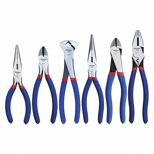 Westward Plier Set, 6 Pliers, Std Cushion Grip, Manual, Pouch, 6 - 9 inch Pliers Range 53JW90