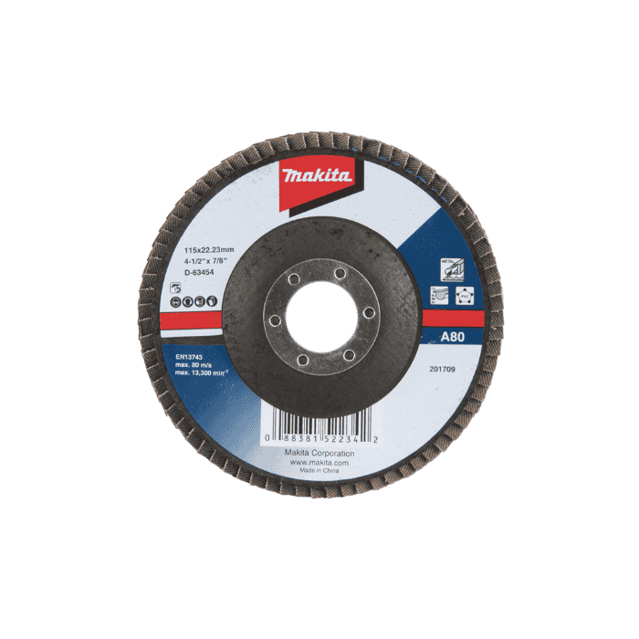 Makita Flap Disc Angled Type 115mm, GRIT A80, For Metal, Non Ferrous Material, PVC D-63454