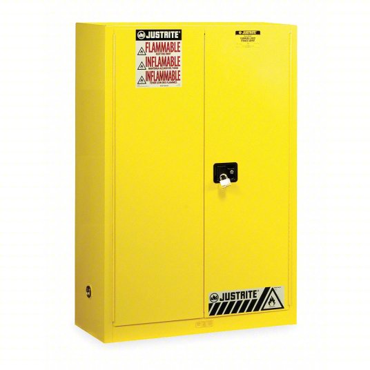 Justrite Flammables Safety Cabinet,  45 gal, 43 in x 18 inch x 65 inch, Yellow, Manual Close 894500