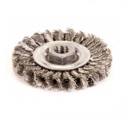 Weiler 4 in Knotted Wire Wheel Brush, 0.014 in Wire Dia., 7/8 in Bristle Trim Length 93431