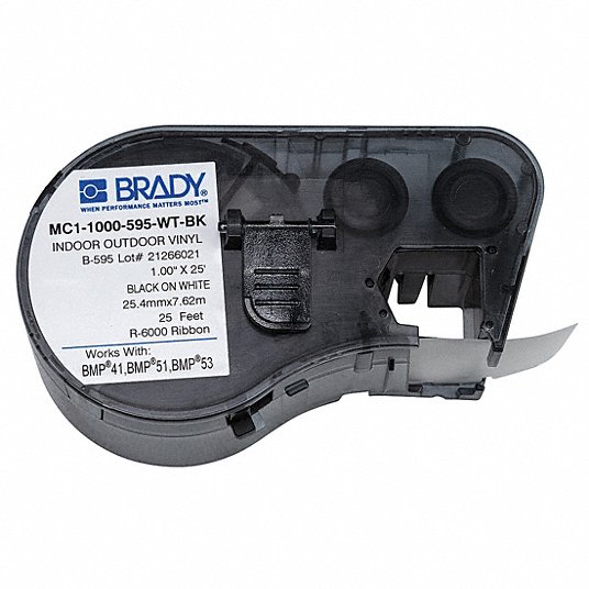 Brady Label Tape Cartridge, Label Type Indoor/Outdoor, Length 25 ft MC1-1000-595-WT-BK