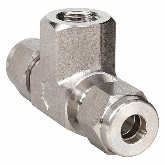 Ham-Let Female Branch Tee, 1/4 in Tube Size, 1/8 in Pipe Size - Pipe Fitting, Metal, 5/8 in Hex Size 772LF SS 1/4 X 1/8