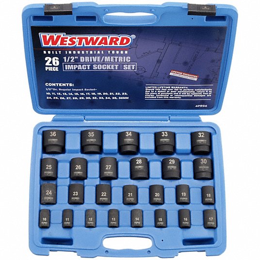 Westward Impact Socket Set, 1/2 inch Drive Size, 26 Pieces, 10 to 36 mm Socket Size Range 4PRG6