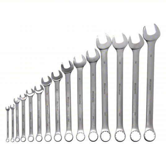 Westward Combination Wrench Set, Alloy Steel, Satin, 15 Tools, 7 mm to 32 mm Head Sizes 4JMA8