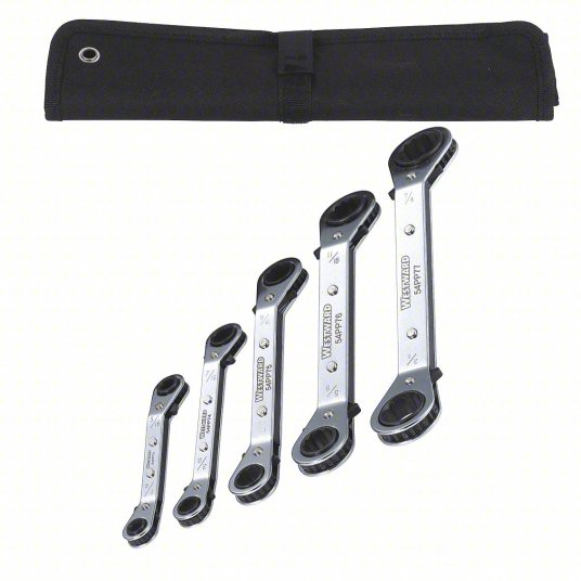 Westward Box End Wrench Set, Alloy Steel, Chrome, 1/4 inch to 7/8 inch Range of Head Sizes, SAE, 5 Tools 54DG36
