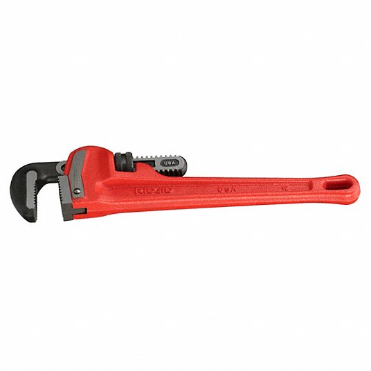 Straight Pipe Wrench, Cast Iron, Jaw Capacity 2 in, Serrated, Overall Length 12 inch