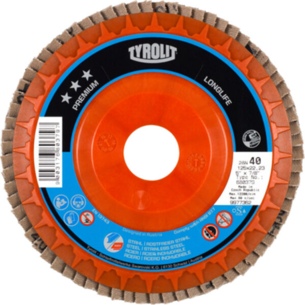 Tyrolit FLAP DISC, SS/CS (2 IN 1), 4.5' (115X22,23) - 28N, ZA40 Q-B, PREMIUM*** 680369