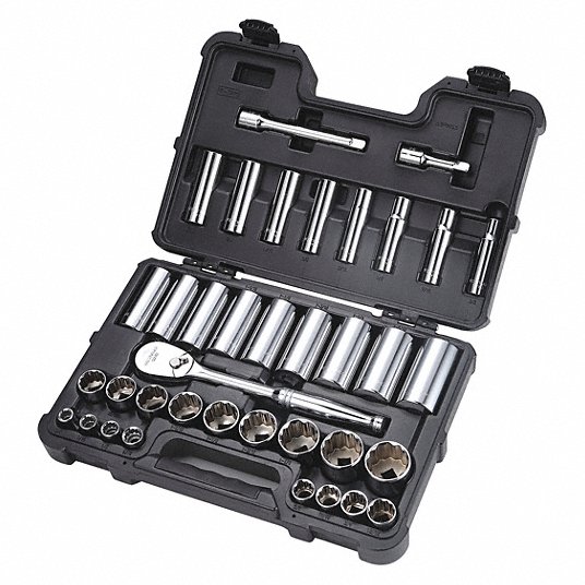 Westward Socket Wrench Set, 1/2 inch Drive Size, 37 Pieces, 3/8 inch to 1 3/8 inch Socket Size Range 53PN53