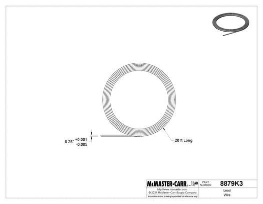 Mcmaster Insulating Lead Wire, 0.25 inch Diameter, 20 Feet Long, 5 lb Spool Weight 8879K3