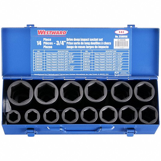 Westward Impact Socket Set, 3/4 inch Drive Size, 14 Pieces, 3/4 inch to 1 5/8 inch Socket Size Range, SAE 35HU98