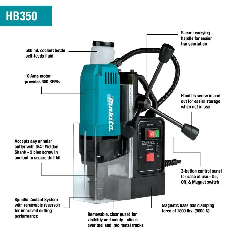 Makita Magnetic Drill Machine, Max. Drilling Capacity 35mm, 1050W, 850rpm, 11.6kg HB350