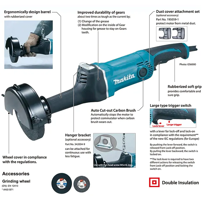 Makita Electric Straight Grinder 6 inch, Large Trigger Switch, 750W, 5.2kg GS6000