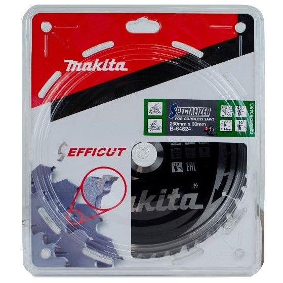 Makita CIRCULAR SAW BLADE EFFICUT FOR CORDLESS TOOLS (10)‎ Inch 260MM X 30MM X45T ( FOR WOOD ) B-64624