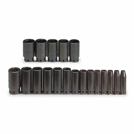 Proto Impact Socket Set, Alloy Steel, Black Oxide, 1/2 in, Impact Rated Yes, Socket Depth Deep, Number of Pieces 19 J74116