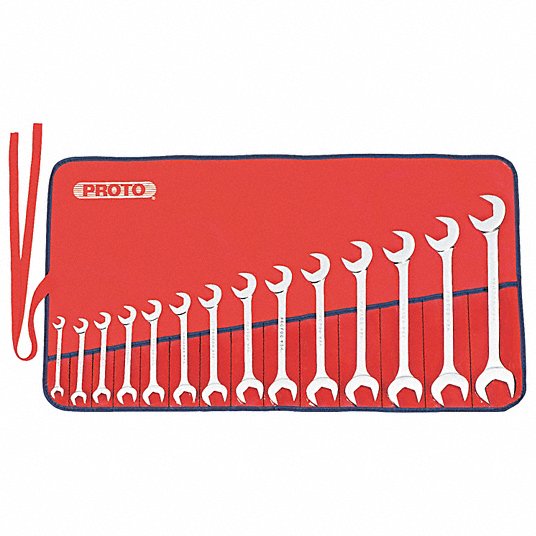 Proto Open End Wrench Set, Alloy Steel, Chrome, 14 Tools, 3/8 inch to 1 1/4 inch Range of Head Sizes J3100B