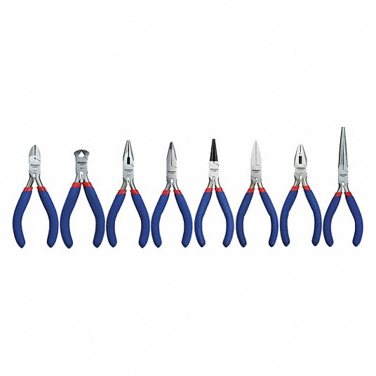 Westward Plier Set, 8 Pliers, Standard Cushion Grip, Manual, Pouch, 6 - 9 Pliers Range 53JW91
