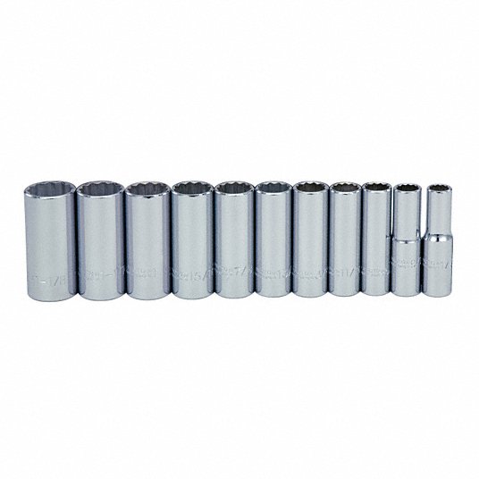 Proto Socket Set, Socket Size Range 1/2 in to 1 1/8 in, Drive Size 1/2 inch, 12-Point, Number of Pieces 11 J54104
