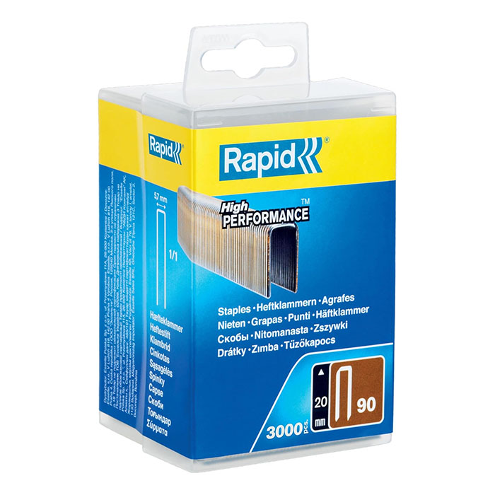 Rapid Narrow Crown Gun Staples, Leg Length 20 mm, No.90, 3000 Pieces, Galvanized 5000123