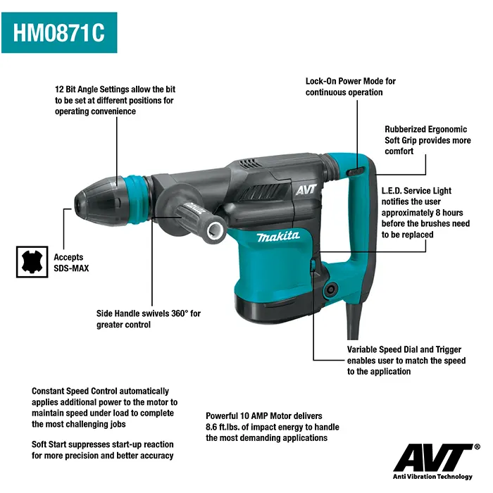 Makita Concrete Chipping Machine, 1100W, 1100 ~ 2650 ipm, 5.6Kg HM0871C