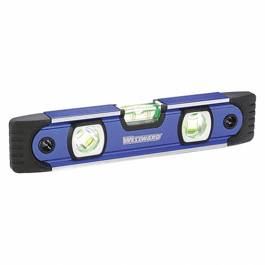 Westward Torpedo Level, 9 inch Lg, 3 Vials, Blue, Top Read, Aluminum, Magnetic, 1 Plumb Vials 4MRX2