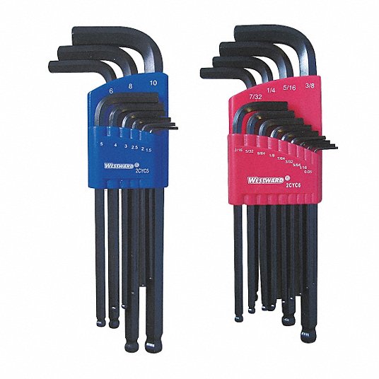 Westward Hex Key Set, L, Metric/SAE, Long, 22 Pieces, Plastic Holder, Alloy Steel 2CYC7