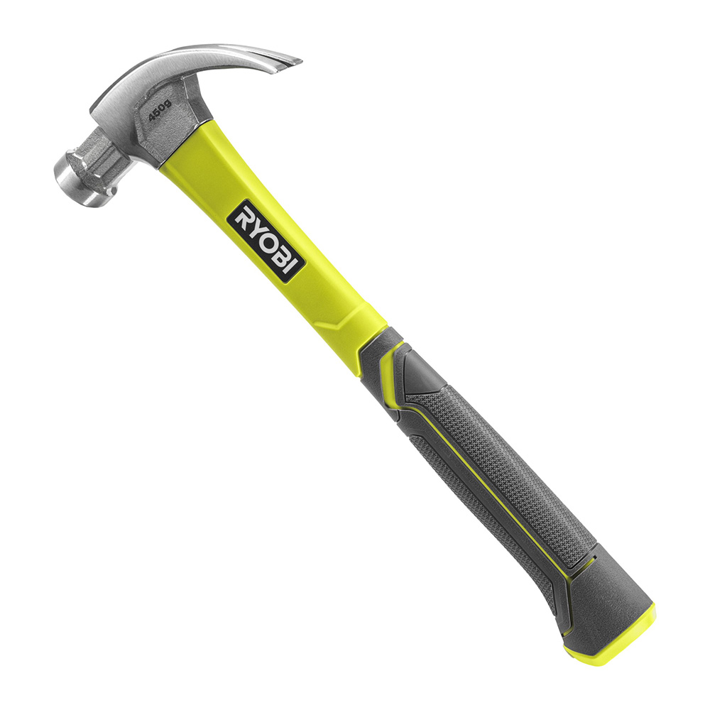 Ryobi Fibreglass Curved Claw Hammer, 450g, Side Nail Puller RHHCC450