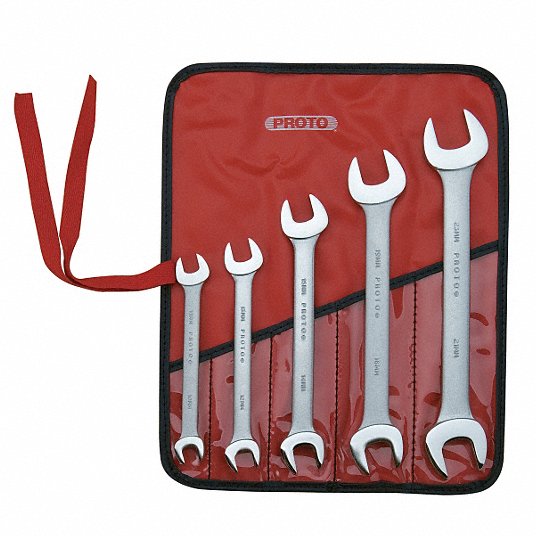 Proto Open End Wrench Set, Alloy Steel, Satin, Number of Tools 5, Range of Head Sizes 10 mm to 23 mm J30000P-M