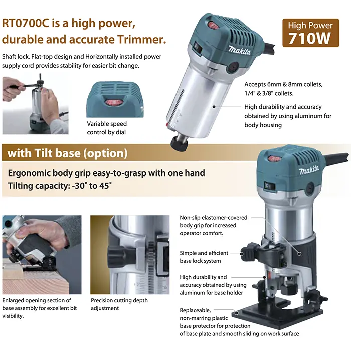 Makita Small Router For Woodworking, Size 6mm & 8mm, 530W, 1.8kg RT0700C