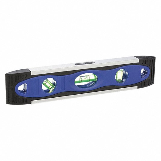 Westward Torpedo Level, 9 in Lg, 3 Vials, Blue, Top Read, Plastic, Magnetic 4MRX1