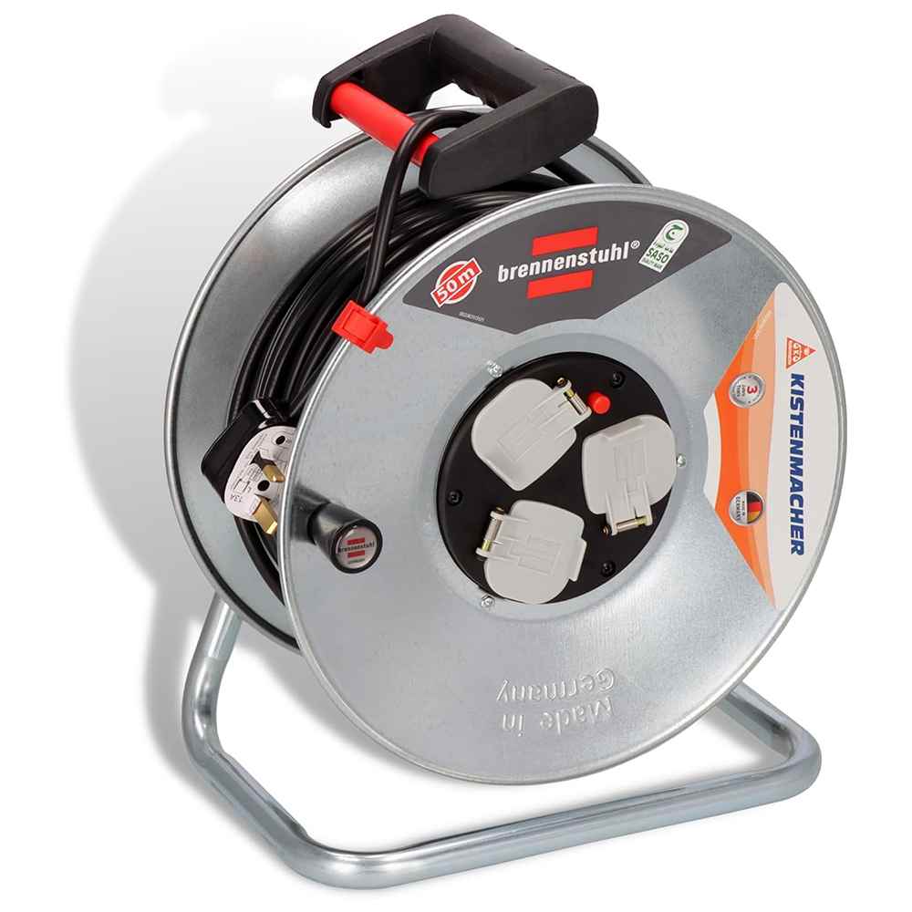 Brennenstuhl Extension Cable Reel 50 Meter, 3-Way Bs Sockets, Rust-Proof, Germany 1198067