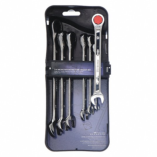 Westward Combination Wrench Set, Alloy Steel, Chrome, 7 Tools, 8 mm to 17 mm Range of Head Sizes 6XZ89