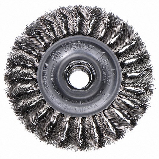 Weiler 4 in Knotted Wire Wheel Brush, 0.014 in Wire Dia., 7/8 in Bristle Trim Length 93431