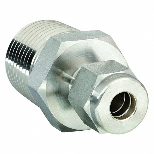 Ham-Let Male Connector, 1/2 in Tube Size, 3/8 in Pipe Size - Pipe Fitting, Metal, 13/16 in Hex Size 768L   SS 12 X 38