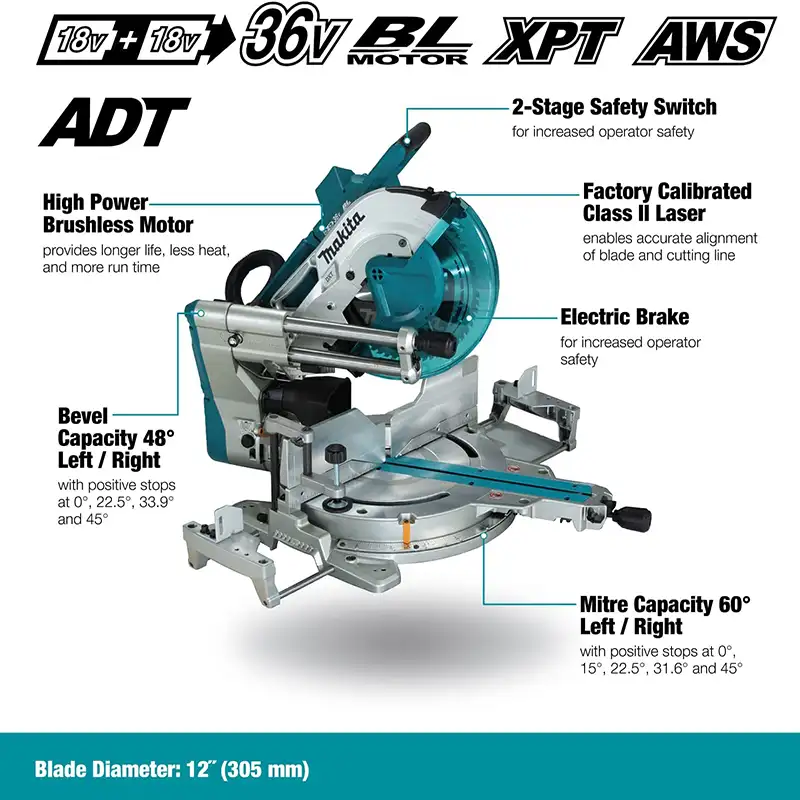 Makita Cordless Mitre Saw 36v, 305mm(12 inch ), 18v x 2(36v), 4400rpm, 28.9 kg DLS211ZU