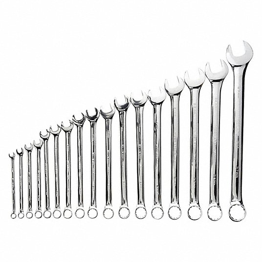 Westward Combination Wrench Set, Alloy Steel, Chrome, 17 Tools, 7 mm to 27 mm Range of Head Sizes 3XU46
