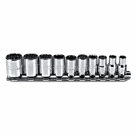 Proto Socket Set, Socket Size Range 3/16 in to 9/16 in, Hand, Drive Size 1/4 in, SAE, 12-Point J47104