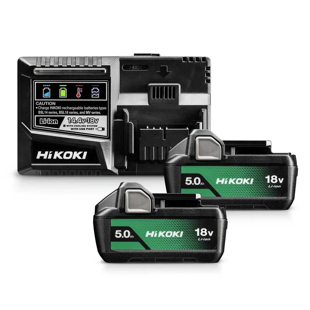 Hikoki Battery and Charger Kit 18V, 2 × 5.0Ah Batteries, Fast Charging 8A, USB Port, 0.60 kg UC18YSL3WKZ