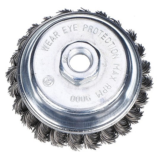 Westward Knotted Wire Cup Brush, 4 in , Arbor Hole Mounting, 0.020 in Wire Dia. 1 in Bristle Trim Length 1GBK2