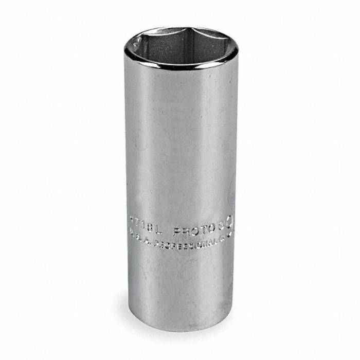 Proto Socket, 1/4 inch Drive Size, 9/16 inch Socket Size, 6-Point, Alloy Steel, Deep Depth, Chrome Finish J4718L