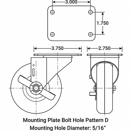 Grainger Approved Standard Plate Caster, Swivel, Rubber, 100 lb, 3 in Wheel Dia. 1UHU2