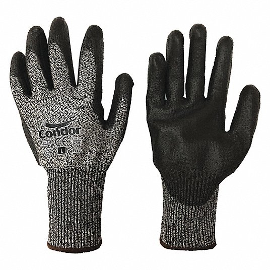 Coated Gloves, L ( 9 ), ANSI Cut Level A4, Palm, Dipped, Polyurethane, Cut-Resistant 21AH70