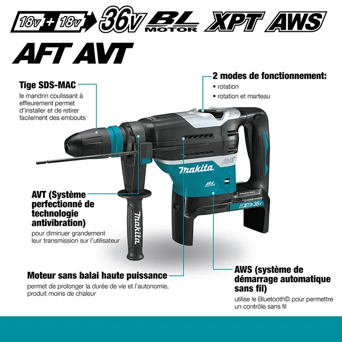 Makita Cordless Rotary Hammer, 36V, 2 Operation Modes, 40mm, 250 ~ 500 rpm, 7.2kg DHR400ZKUN