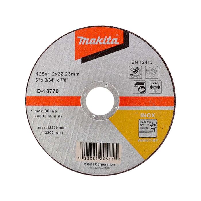 Makita Accessories, Thin Cut-off Wheels for Stainless Steel – Flat Center (D-series), 125X1.2X22.23mm, (Grit WA60T) D-18770