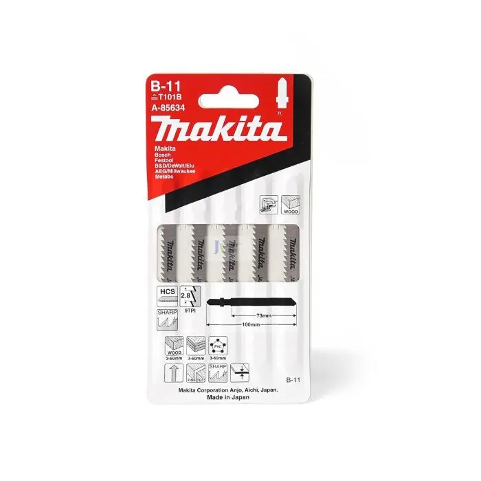 Makita B-11 Type Jig Saw Blade (Universal Blade), For wood and plastics, Cutting Length 75mm,9 Tooth, 5 Pcs A-85634