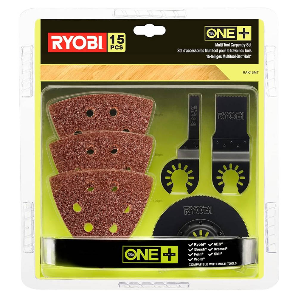 Ryobi Multi Tool Accessory Set, 15 Pieces, BIM Plunge Cut and HCS Flush Cut Blades, Sanding Sheets RAK15MT