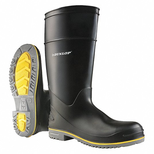 DUNLOP, Rubber Boot, Men's, 11, Knee, Plain Toe Type, Polyblend PVC with Nitrile, Black, 1 PR 899041133