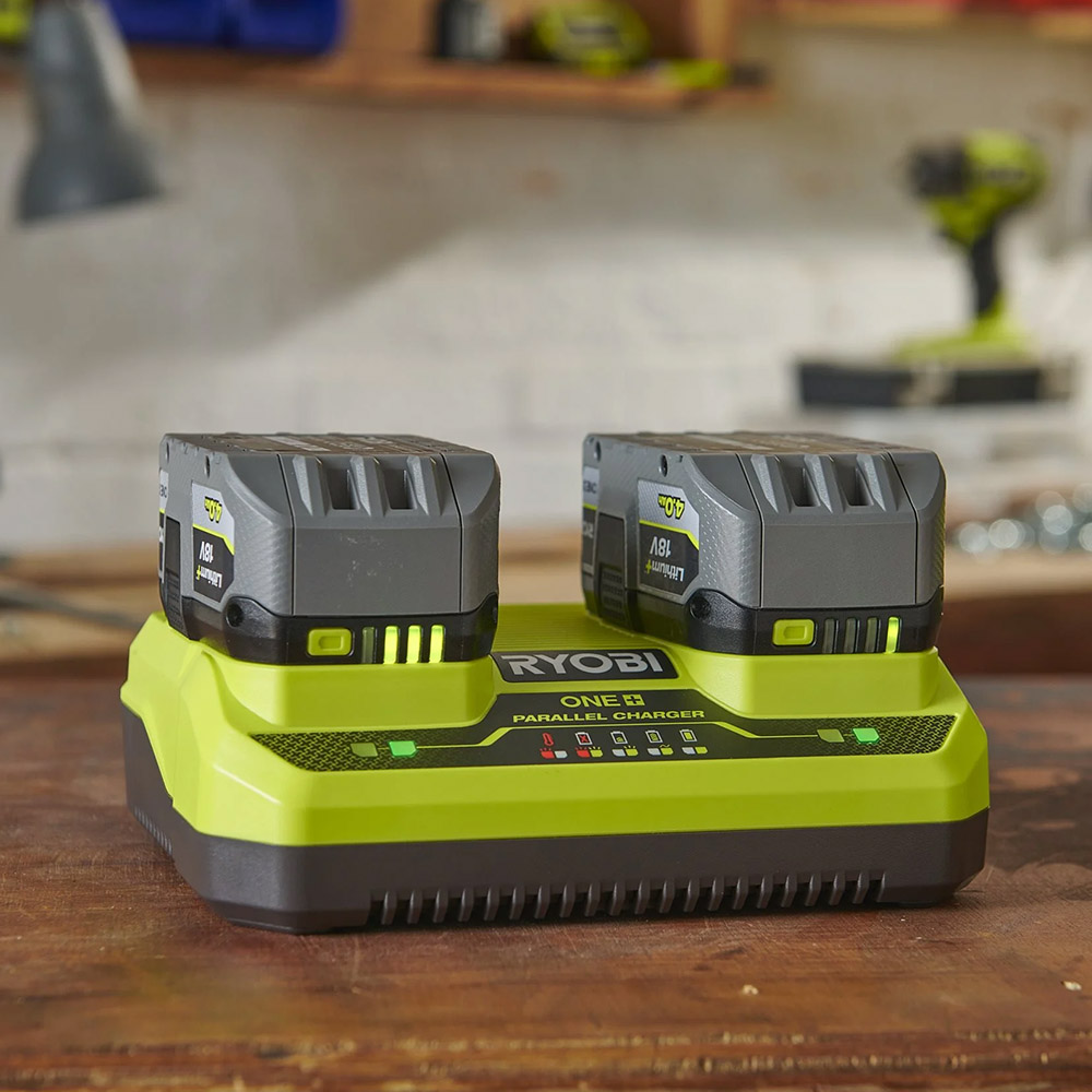 Ryobi 18V Dual Port Charger, 4A Charge Rate, Charges Two Batteries Simultaneously RC18240