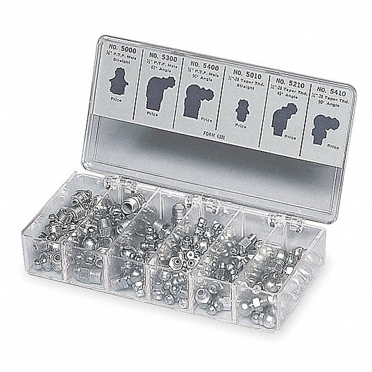 Lincoln Grease Fitting Kit: Std Grease Fitting, 1/8Inch -27/1/4Inch-28 Thread Size, 100 Pieces, SAE, Steel 6Y864