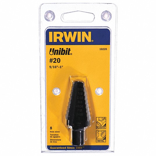 Irwin Step Drill Bit, High Speed Steel, Black Oxide, 9/16 in to 1 in Size Range UNIBIT 20