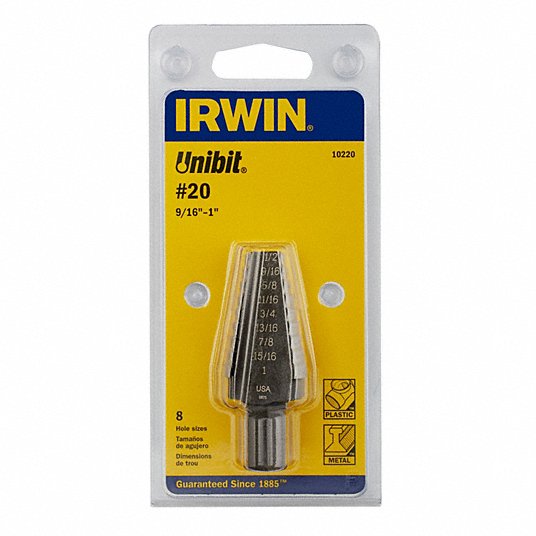 Irwin Step Drill Bit, High Speed Steel, Black Oxide, 9/16 in to 1 in Size Range UNIBIT 20